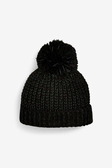 Black Reflective Yarn Pom Pom Beanie Hat (1-16yrs) (M10636) | $14 - $20