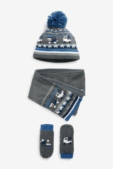 Blue/Grey Truck 3 Piece Hat, Gloves & Scarf Set (3mths-6yrs) (M10665) | $26 - $27