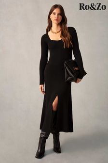 Ro&Zo Rib Knit Sweetheart Neckline Black Midi Dress (M11006) | €156