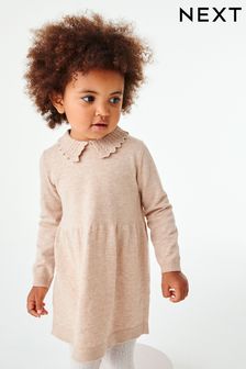 Cream Knitted Long Sleeve Dress With Collar Detail (3mths-7yrs) (M11074) | €18.50 - €24
