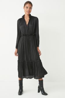 Black - Satin Tie Neck Midi Dress (M11551) | kr489