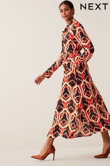 Stampa geometrica Rosso/Arancione - Midi Length Long Sleeve Belted Shirt Dress (M11980) | €55
