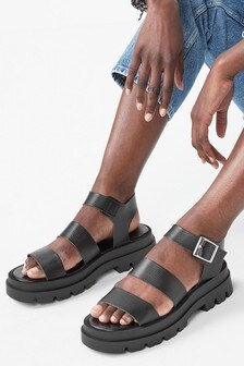 Black Chunky Three Strap Buckle Sandals (M12799) | 15,740 Ft