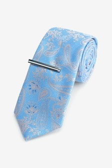 Light Blue Regular Paisley Tie With Tie Clip (M13220) | €18