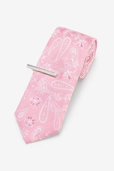 Розовый - Стандартный крой - Галстук с принтом пейсли и зажим для галстука (M13224) | €17