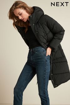 Черный - Длинное дутое пальто с капюшоном (M13276) | 41 000 тг
