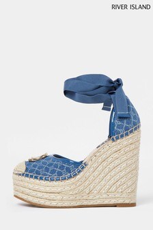 River Island Blue Branded Ankle Tie Wedges (M16151) | ₪ 179