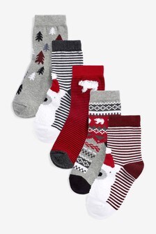 Red/Grey Polar Bear - Cotton Rich Comfort Footbed Socks 5 Pack (M16434) | MYR 36 - MYR 42