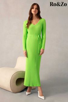 Ro&Zo Green Lime Wide Rib Knit V-Neck Dress (M16888) | AED715