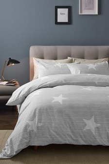 Light Grey 100% Brushed Cotton Striped Stars Duvet Cover and Pillowcase Set
