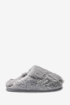 Grey Faux Fur Mule Slippers (M18201) | $35