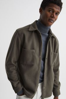 Reiss Khaki Loke Long Sleeve Press Stud Brushed Overshirt (M21202) | $227