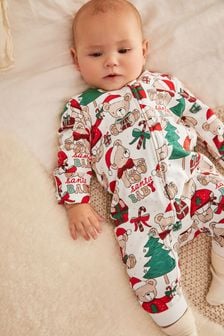 White Festive Bear Baby Christmas Single Zip Sleepsuit (0-3yrs) (M21297) | AED36 - AED45