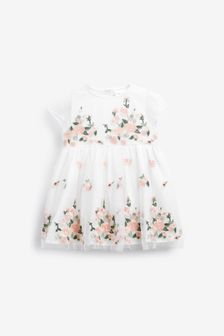 Ecru White Baby Occasion Mesh Embroidered Dress (0mths-2yrs) (M21305) | $34 - $38