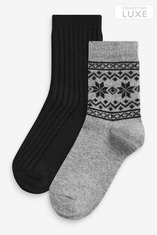 Black/Grey Fairisle Pattern Collection Luxe Cashmere Wool Blend Ankle Socks 2 Pack (M23333) | $18
