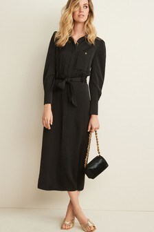 Black Satin Midi Shirt Dress (M23823) | $85