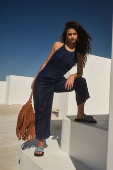 Navy Blue Lyocell Cropped Wide Leg Jumpsuit (M24075) | €47