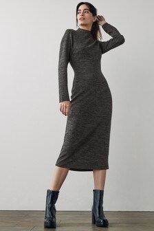 Grey Rochelle Jersey High Neck Midi Dress (M24350) | $42