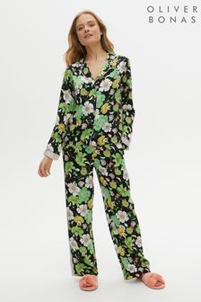 Oliver Bonas Womens Black Razzle Dazzle Floral Shirt, Trouser & Scrunchie Pyjama Set (M24651) | 87 €