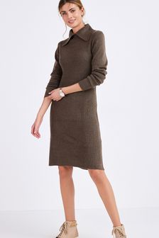Taupe Brown Long Sleeve Collar Dress (M27218) | $45