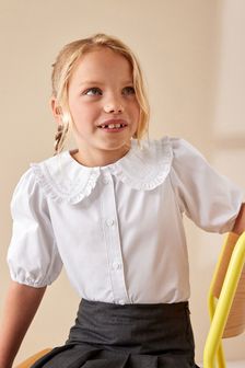 White Cotton Rich Stretch Pretty Embroidered Collar Blouse (3-14yrs) (M27441) | €10 - €16.50