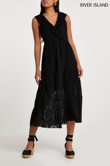 River Island Black Frill Broidery Smock Midi Dress