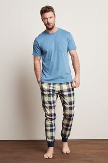 Blue/Neutral Short Sleeve MotionFlex Cosy Cuffed Pyjama Set (M31803) | R406