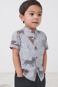 Monochrome Short Sleeve Zebra Print Grandad Collar Linen Mix Shirt (3mths-7yrs) (M32383) | $15 - $19