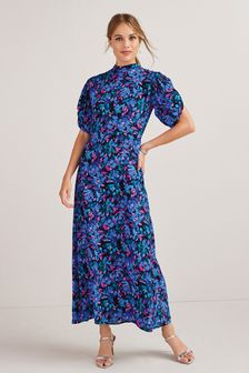 Blue/Pink Print Puff Sleeve Midi Dress (M33115) | $64