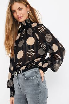 Shirred Neck Long Sleeve Top