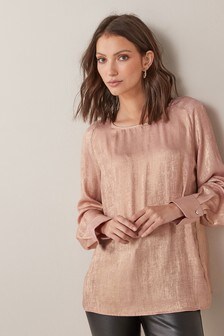Metallic Rose Pink Gold Pleat Back Long Sleeve Blouse (M34941) | ₪ 77