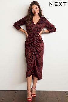 Red Animal Satin Ruched Front Midi Dress (M36182) | €21
