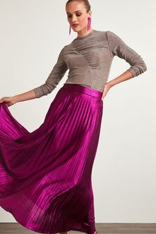 Pink Tailored Metallic Pleated Midi Skirt (M36351) | $64