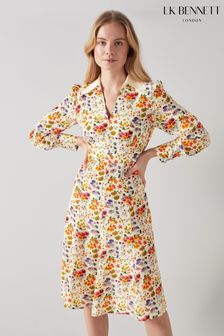 L.K. Bennett Cream Flo Meadow Print Contrast Collar Silk Dress (M36535) | €484