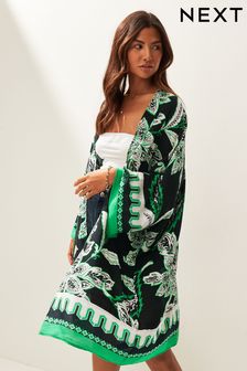 Black/Green Leaf Print Longline Kimono Cover-Up (M37136) | R534