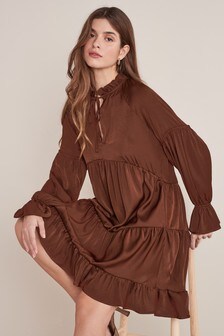 Brown Satin Tiered Mini Dress (M38837) | $58