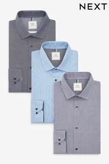 Bleu marine/carreaux/gris uni - Coupe regular à simple manchette - Lot de 3 chemises (M39810) | €52