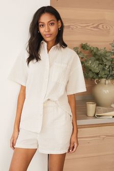 Oatmeal Stripe Cotton Button Through Pyjama Short Set (M40088) | 41 €