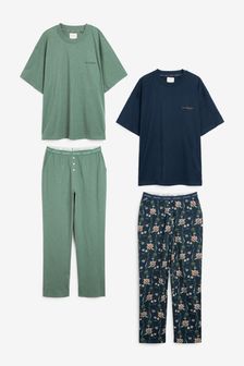 Navy Blue Floral/Green 2 Pack Cotton Pyjamas (M40105) | TRY 469