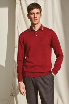 Red Asymmetric Knitted Cable Polo Shirt (M40117) | $45