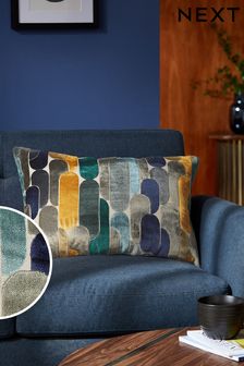 Navy Blue Retro Cut Velvet Rectangle Cushion (M41437) | 10 BD