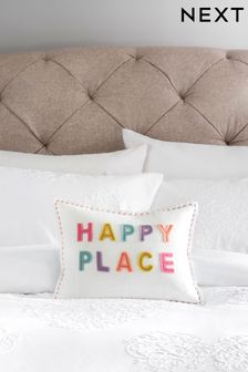 Natural Natural White Happy Place Embroidered Oblong Cushion (M41442) | CHF 20