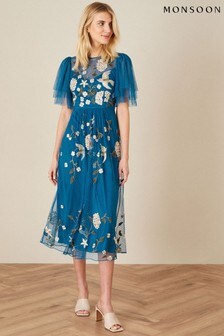 Monsoon Blue Bailee Embroidered Bird Dress