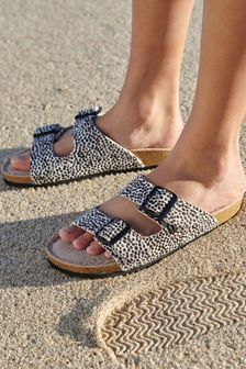 Animal Print Leather Standard Fit (F) Double Buckle Corkbed Sandals (M43854) | ₪ 74 - ₪ 98