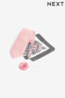 Rosa mit floralem Muster - Slim - Krawatte, quadratisches Einstecktuch und Reversnadel im Set (M43900) | 23 €
