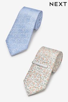 Sage Green/Light Blue Floral Textured Tie With Tie Clip 2 Pack (M43901) | €12.50