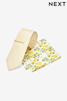 Neutral Brown/Lemon Print Tie, Pocket Square And Tie Clip Set (M43933) | kr208