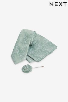 Sage Green Tie, Pocket Square And Lapel Pin Set (M43948) | $25