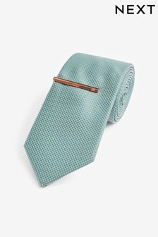 Sage Green Textured Tie And Clip Set (M44143) | €18