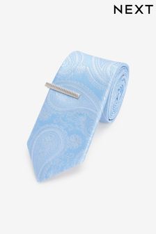 Light Blue Paisley Slim Pattern Tie And Tie Clip (M44284) | €19